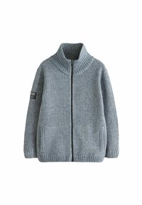 Grauer gestrickter Zipper-Pullover mit hohem Kragen, geripptem Muster und seitlichen Taschen. Verfügt über ein kleines Markenpatch am Ärmel.