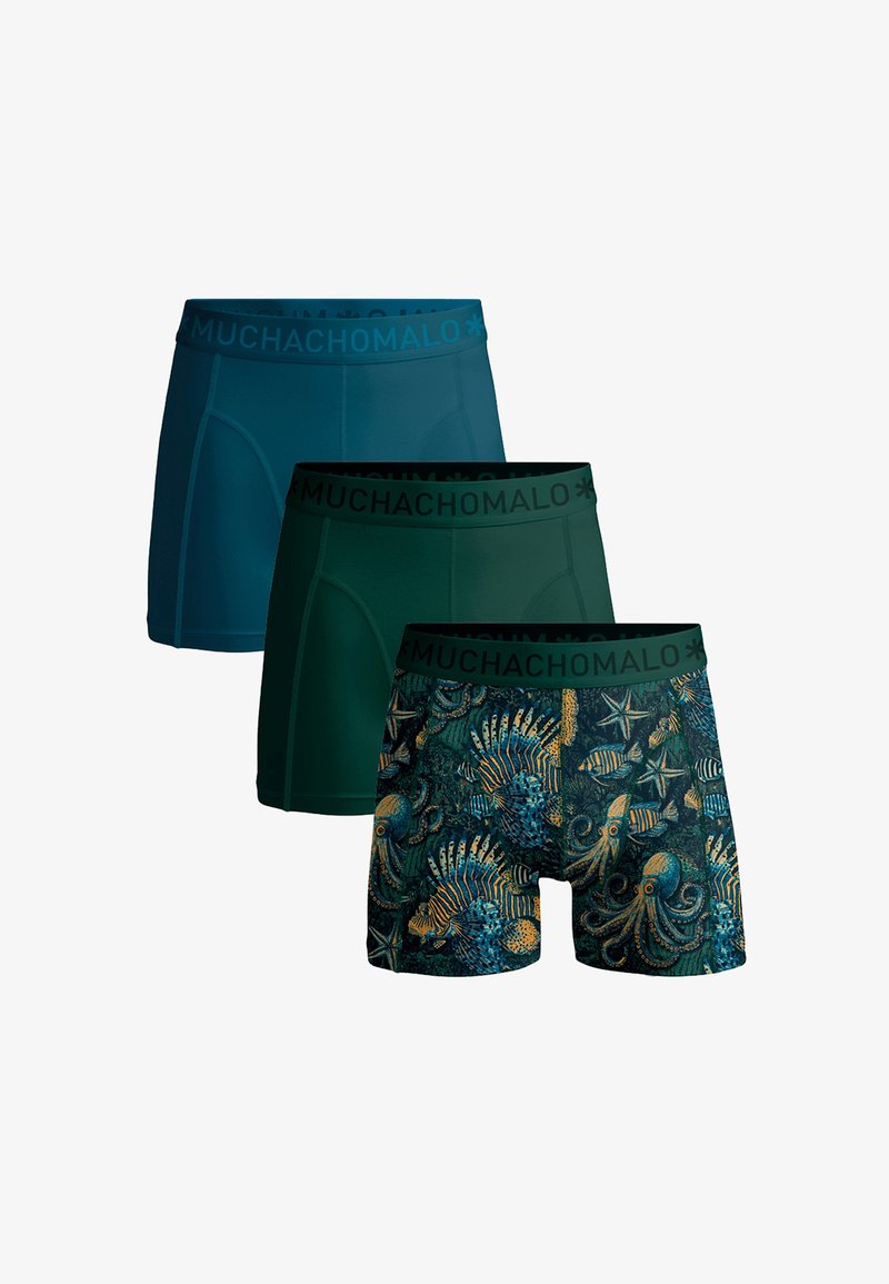 Three pairs of men's boxer briefs: two solid colors (teal and dark green) and one patterned with sea life in blue and orange. All feature black waistbands.