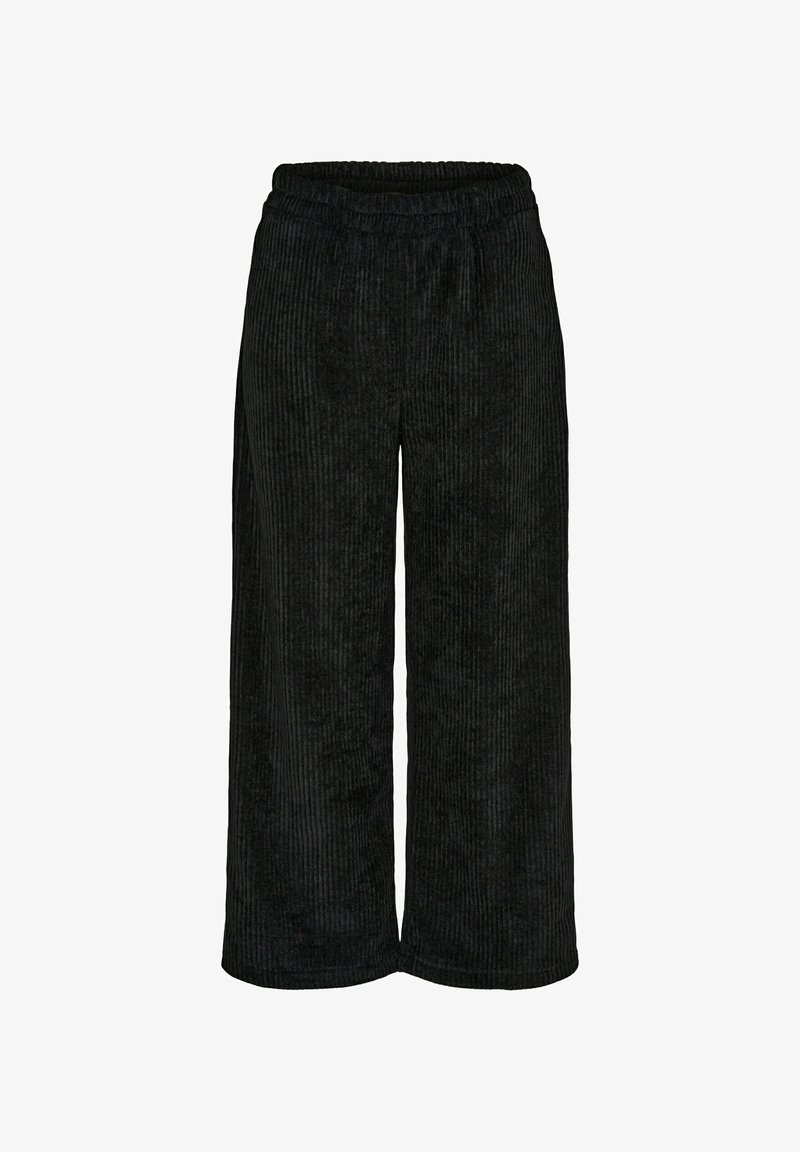 Sorte bredbenede bukser i fløjl med en tekstureret overflade og elastik i taljen. Har lodret ribstruktur og en løs pasform.