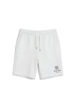 Shorts blancs en coton avec taille à cordon, poches latérales et petit logo tigre avec texte sur la partie inférieure de la jambe gauche.