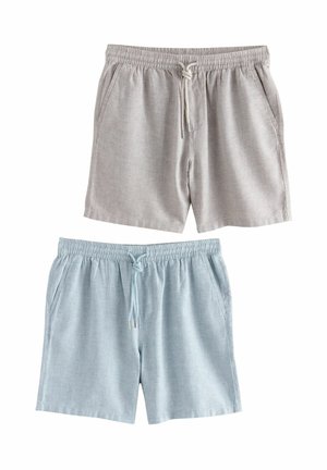 Light gray and light blue shorts made of textured fabric, featuring an elastic waistband with drawstring and side pockets.