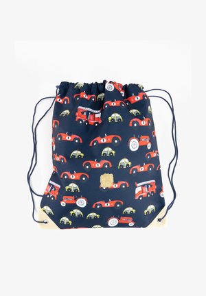 Trekkoord tas met een donkerblauwe achtergrond met rode en groene cartoon voertuigen. Gemaakt van duurzaam stof met een ruwe textuur.