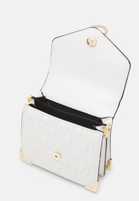 Valkoinen rakenteellinen käsilaukku, jossa on kuusikulmainen tikattu kuvio. Varustettu kultaisilla yksityiskohdilla, magneettilukolla ja kaksoiskammioilla. Musta sisävuori.