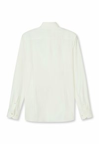 Langärmeliges Hemd aus leichtem weißem Stoff. Verfügt über einen klassischen Kragen, geknöpfte Manschetten und eine glatte Textur mit geradem Schnitt.