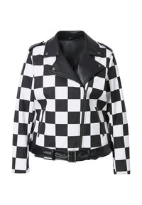 Veste en cuir noir et blanc à carreaux avec une taille ceinturée, un zip à l'avant et des épaules rembourrées. Comprend des poches latérales zippées et une texture lisse.