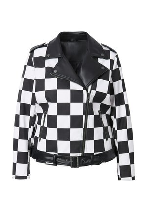 Schwarze und weiße karierte Lederjacke mit tailliertem Schnitt, Reißverschluss vorne und gepolsterten Schultern. Verfügt über seitliche Reißverschlusstaschen und eine glatte Textur.