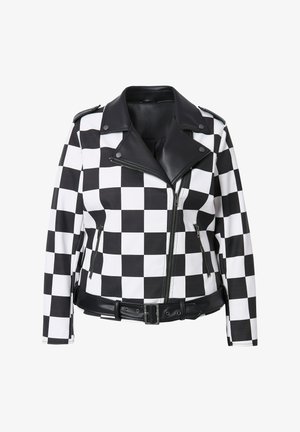 Sort-hvid ternet læderjakke med bælte i taljen, lynlås foran og polstrede skuldre. Har sidelommer med lynlås og en glat tekstur.