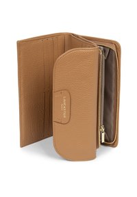 Tan leather wallet with a textured finish, zippered compartment, multiple card slots, and a snap closure. Interior is lined in lighter fabric.