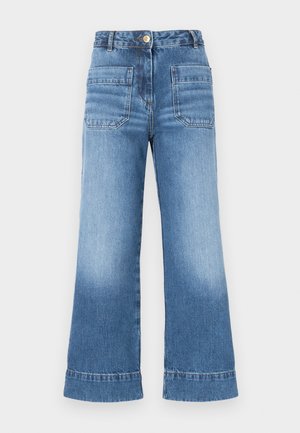 Light blue denim wide-leg jeans with a high waist, two back pockets, and a folded hem. Features contrast stitching and a front button closure.
