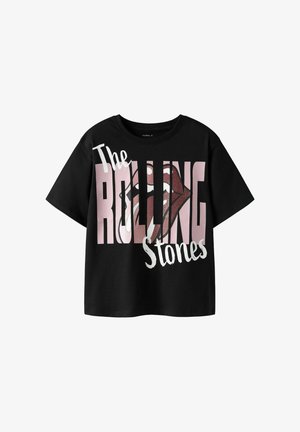 T-shirt en coton noir avec un grand texte "The Rolling Stones" et un graphique de lèvres rouges. Manches courtes, col rond, coupe décontractée.