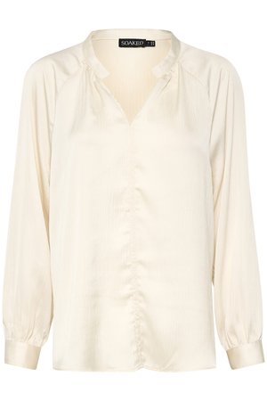 Cream-colored blouse made of lightweight, textured fabric. Features a V-neck, long sleeves with elastic cuffs, and front button detailing.