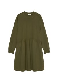 Sukienka z długim rękawem w oliwkowym odcieniu, wykonana z mieszanki bawełny, z okrągłym dekoltem i marszczoną talią, zakończona rozkloszowanym dołem, co nadaje jej swobodny kształt.