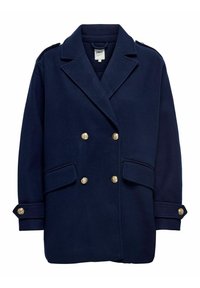 Manteau croisé bleu marine en laine avec des boutons dorés, des grandes poches et des épaules structurées. Présente un design à revers cranté.