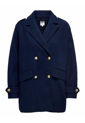 Manteau croisé bleu marine en laine avec des boutons dorés, des grandes poches et des épaules structurées. Présente un design à revers cranté.
