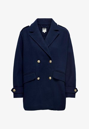 Námořnický dvouřadý kabát z vlny se zlatými knoflíky, velkými kapsami a strukturovanými rameny. Obsahuje design s klopami.