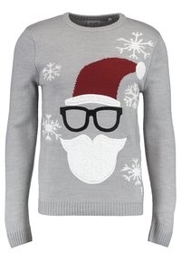 Grauer Pullover mit einem roten Weihnachtsmannhut, schwarzen Brillen, weißem Bart und Schnurrbart sowie weißen Schneeflockenmuster, die herum verteilt sind.