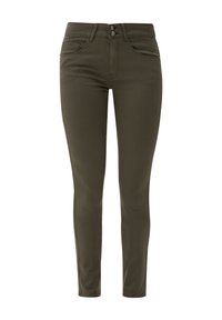Pantalon slim fit vert olive avec poches avant, passants de ceinture et fermeture double bouton à la taille, présenté sur fond blanc.
