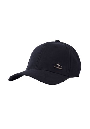 Cappellino da baseball nero con visiera curva e piccolo logo metallico argento a forma di stella sul pannello anteriore destro.