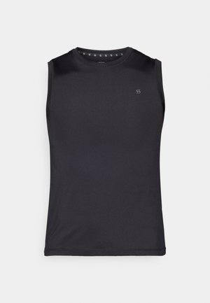 Svart ermeløs treningssinglet laget av glatt, elastisk stoff. Har rund hals og en liten logodetalj på brystet.