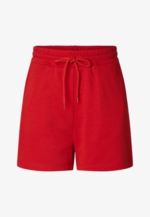 Pantalones cortos casuales rojos con cintura elástica y cordón atado en la parte delantera, hechos de tela suave.