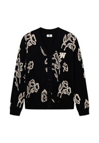 Crni kardigan s bijelim cvjetnim uzorkom, s V-izrezom, zakopčan gumbima i logotipom na prsima. Izrađen od mekanog materijala.