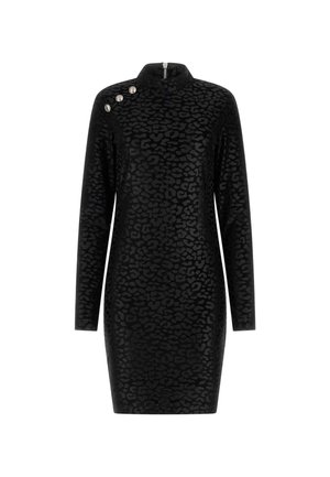Robe noire à imprimé léopard avec des manches longues, un col montant et une fermeture éclair. Présente trois accents de boutons argentés sur une épaule.