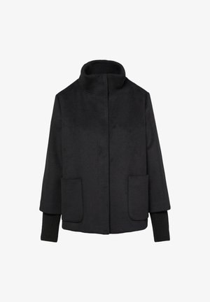 Black jacket made of soft fabric, featuring a high collar, two front pockets, and ribbed knit sleeves. Straight cut design provides a relaxed fit.