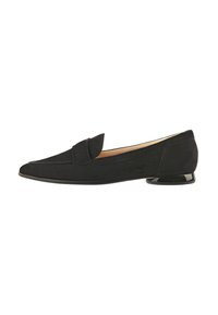 Black suede loafer with a pointed toe and folded vamp detail. Features a small, glossy block heel. Smooth inner lining.