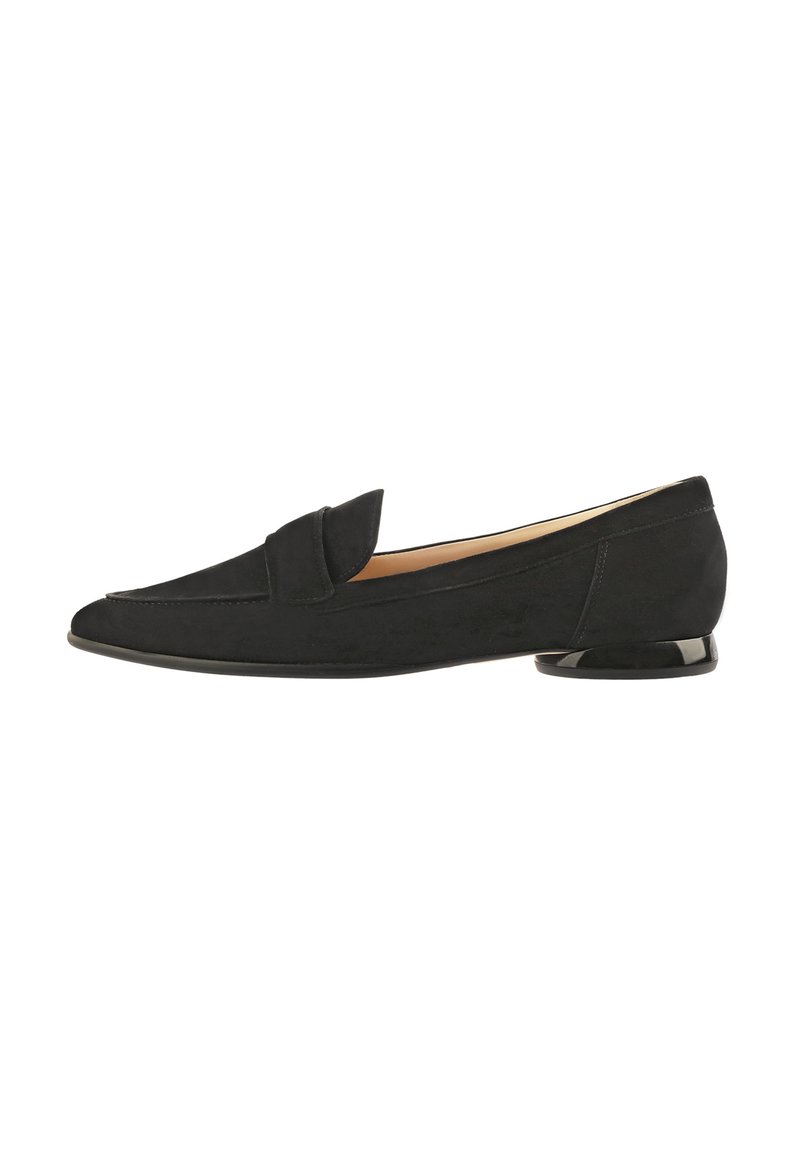 Black suede loafer with a pointed toe and folded vamp detail. Features a small, glossy block heel. Smooth inner lining.