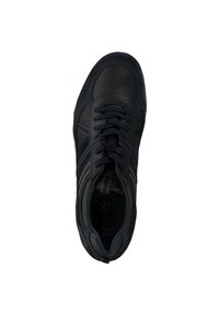 Black leather sneaker with a round toe, lace-up front, side stripes, and textured fabric accents. Features a rubber sole and embossed logo.