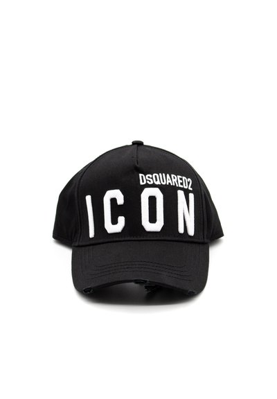 Casquette de baseball noire en tissu avec des lettres blanches en relief "DSQUARED2 ICON" à l'avant. Visière courbée d'une couleur unie.