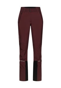 Bordeauxfarbene Softshell-Hosen für den Außenbereich mit schwarzen Unterbeinen, Reißverschlusstaschen an den Seiten, doppeltem Knopfverschluss und reflektierenden Akzenten an den Knien.