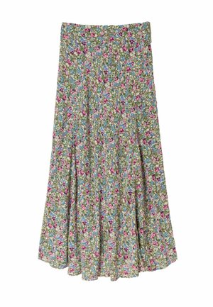 Blumenrock aus Baumwollstoff mit pastellgrünem Hintergrund, rosa und blauen Blumen, ausgestelltem Schnitt und einem Bund.