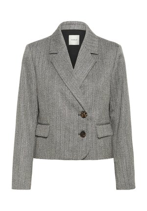 Pilkos spalvos paltas su houndstooth raštu, aptemptu apykakle, dvigubu mygtukų užsegimu ir dviem priekinėmis kišenėmis. Audinys su tekstūra ir struktūruotu dizainu.