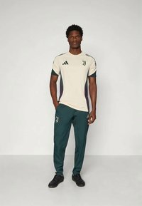 Maglia sportiva crema con dettagli verde scuro e viola, abbinata a pantaloni verdi coordinati con un logo sulla gamba sinistra.