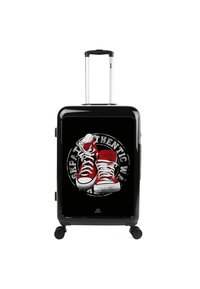 Maleta rígida negra con un gráfico de zapatillas rojas de caña alta en un diseño circular, con acentos blancos y un mango retráctil.