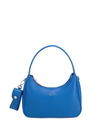 Blauwe leren handtas met korte handgreep, afneembare kleine tas en zilveren rits, gebrandmerkt met "Diana & Co Firenze" aan de voorkant.