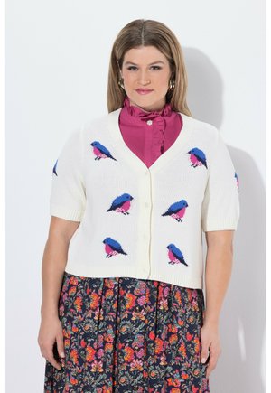 Donna che indossa un cardigan bianco a maniche corte con motivi di uccelli blu e rosa, una camicetta fucsia con ruches e una gonna floreale con bottoni.