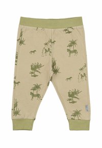 Baumwollschlafanzughosen in hellem Beige mit grünen Tier- und Palmenmustern. Sie verfügen über einen weichen, elastischen Bund und Bündchen an den Knöcheln.