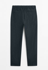 Dark gray trousers shown from the back, featuring an elastic waistband and two horizontal back pockets, laid flat on a white background.