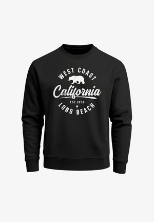 Black sweatshirt featuring a white graphic print with "West Coast California Long Beach" and a bear design. Ribbed cuffs and hem.