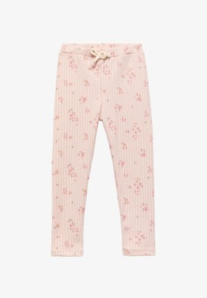 Vaaleanpunaiset ribbitekniikalla kudotut leggingsit, joissa on kukkakuvio, joustava vyötärö ja nyöritys. Pehmeä materiaali, tiukka muotoilu ja suorat lahkeet.