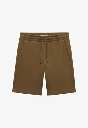 Brune bomuldsbukser med elastisk talje, snor og sidelommer. Stoffet har en glat tekstur og et afslappet design.