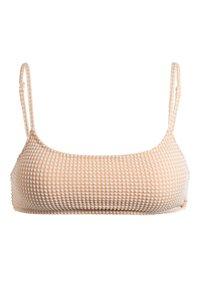 Beige bikinitop gemaakt van textuur geweven stof. Heeft dunne bandjes en een vierkante halslijn met minimale stiksels.