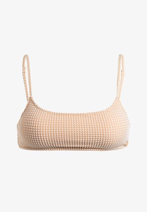 Béžový bikiny top vyrobený z textúrovanej mriežkovej látky. Má tenké ramienka a štvorcový výstrih s minimálnym šitím.