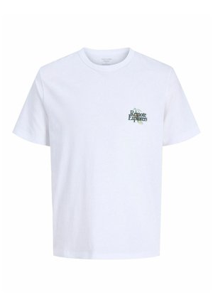 Hvid T-shirt med rund hals og korte ærmer, med småt "Remote Explorers"-tekst og grafik på venstre brystområde.