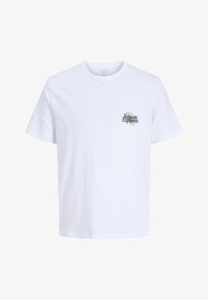 Biała koszulka z okrągłym dekoltem i krótkimi rękawami, z małym napisem „Remote Explorers” i grafiką na lewej stronie klatki piersiowej.