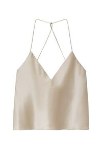 Camisole en satin beige avec un décolleté en V profond et de fines bretelles spaghetti croisées dans le dos.