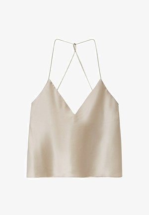 Beżowa satynowa koszulka na ramiączkach z głębokim dekoltem w serek i cienkimi, skrzyżowanymi spaghetti na plecach.