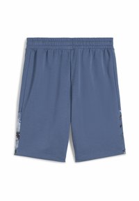 Pantalones cortos deportivos azul con cintura elástica, bolsillos laterales y una franja de patrón texturizado a lo largo de los lados. Tela suave, ajuste relajado.